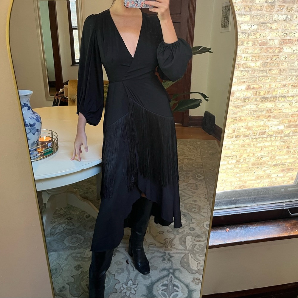 Anthropologie Black Maxi Wrap Dress with Fringe Embellishments
